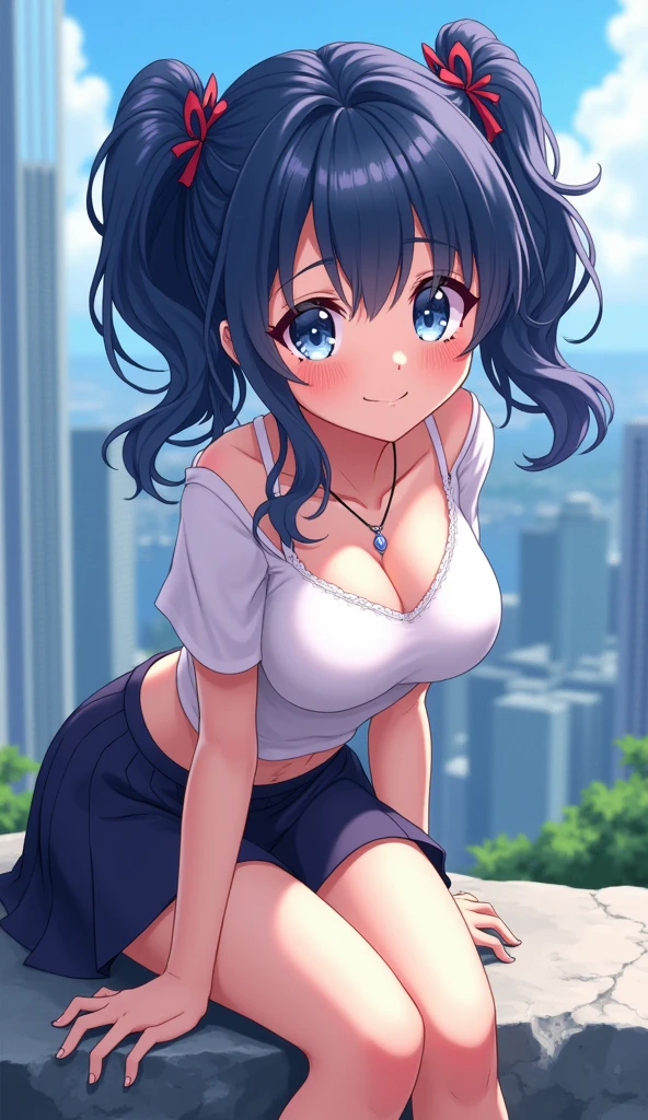 (masterpiece:1.3), (Best Quality:1.3), (Ultra-detailed:1.2), ((kawaii)), Cute, (lovely), ((sexy)), ((Extremely detailed)), 4K, (8K), Best Quality, (Beautiful), Illustration, anime style, (bold line:1.2), Gradation, looking at viewer, //, (bent down:1.1), (arms behind back), //, a cute girl, 1girl, Mary R., (solo:1.2), gleaming skin, //, (flat chested), (Perfect eyes:1.2), (Perfect iris:1.2), //, darkblue hair color, (beautiful eyes) //, (half closed eyes:1.3), (sexual expression:1.2), Fascinated expression, smile, (blush:1.2), //, modern city background, on rock, twin tails, muscle girl, hard abs, exposed abs, NECKLACE, tight blouse, skirt