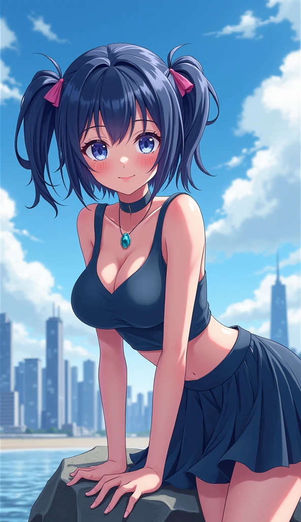 (masterpiece:1.3), (Best Quality:1.3), (Ultra-detailed:1.2), ((kawaii)), Cute, (lovely), ((sexy)), ((Extremely detailed)), 4K, (8K), Best Quality, (Beautiful), Illustration, anime style, (bold line:1.2), Gradation, looking at viewer, //, (bent down:1.1), (arms behind back), //, a cute girl, 1girl, Mary R., (solo:1.2), gleaming skin, //, (flat chested), (Perfect eyes:1.2), (Perfect iris:1.2), //, darkblue hair color, (beautiful eyes) //, (half closed eyes:1.3), (sexual expression:1.2), Fascinated expression, smile, (blush:1.2), //, modern city background, on rock, twin tails, muscle girl, hard abs, exposed abs, NECKLACE, tight blouse, skirt