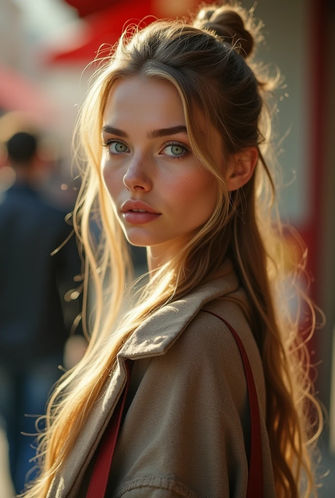 a beautiful 20 year old woman with long blonde hair, blue-green eyes, hair tied up, shopping, high quality, photorealistic, extremely detailed face and eyes, delicate facial features, natural lighting, detailed clothing, intricate background, rich colors, cinematic composition