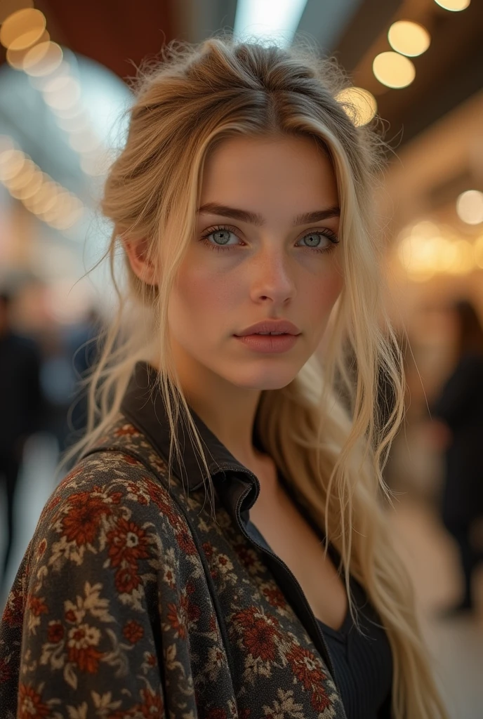 a beautiful 20 year old woman with long blonde hair, blue-green eyes, hair tied up, shopping, high quality, photorealistic, extremely detailed face and eyes, delicate facial features, natural lighting, detailed clothing, intricate background, rich colors, cinematic composition