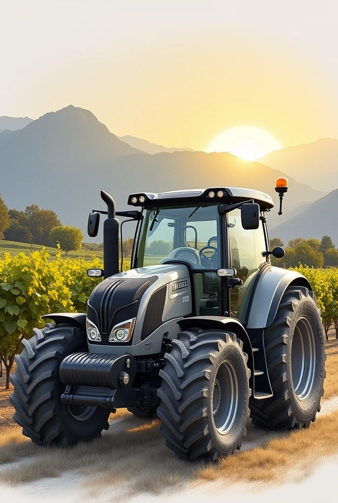 Pencil drawing of a modern medium tractor from the side entering a vineyard with mountains in the background and the sun rising between them