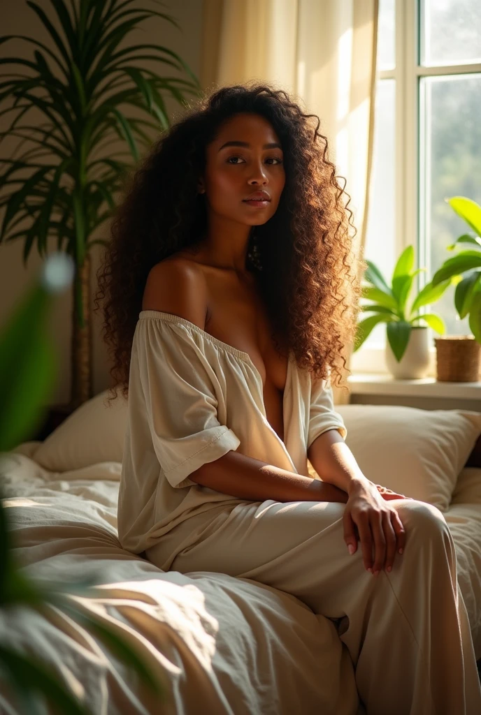 (photorealism:1.2), beautiful woman, sitting on bed, wearing loose off-shoulder top, pajama pants, long curly hair, indoors, soft lighting, plants in background, window with sunlight, cozy room, relaxed pose, realistic, intricate details, warm colors, by Greg Rutkowski, by Alphonse Mucha