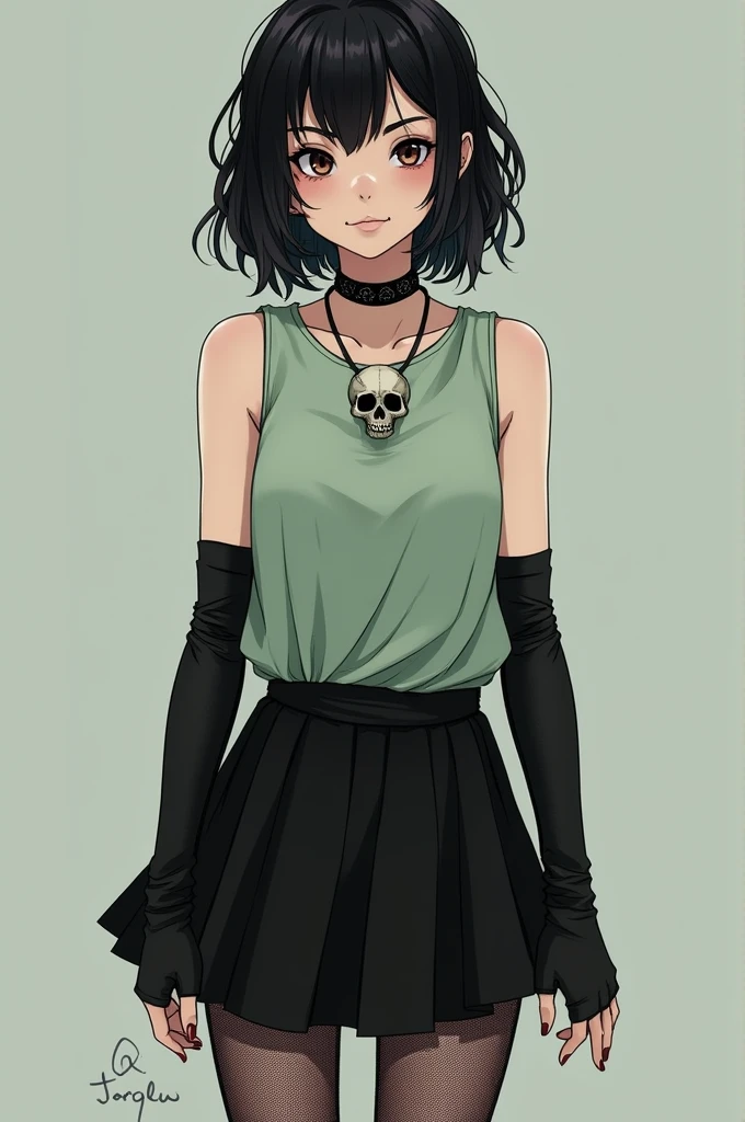 The girl had black hair, short, Wavy; slanted brown eyes; white; stomach 1,75; slightly big breasts; She was wearing a pastel green sleeveless shirt, loose hair, black skirt, black but slightly transparent and long stockings, gothic boots, long black fingerless gloves and a skull necklace; 15 years