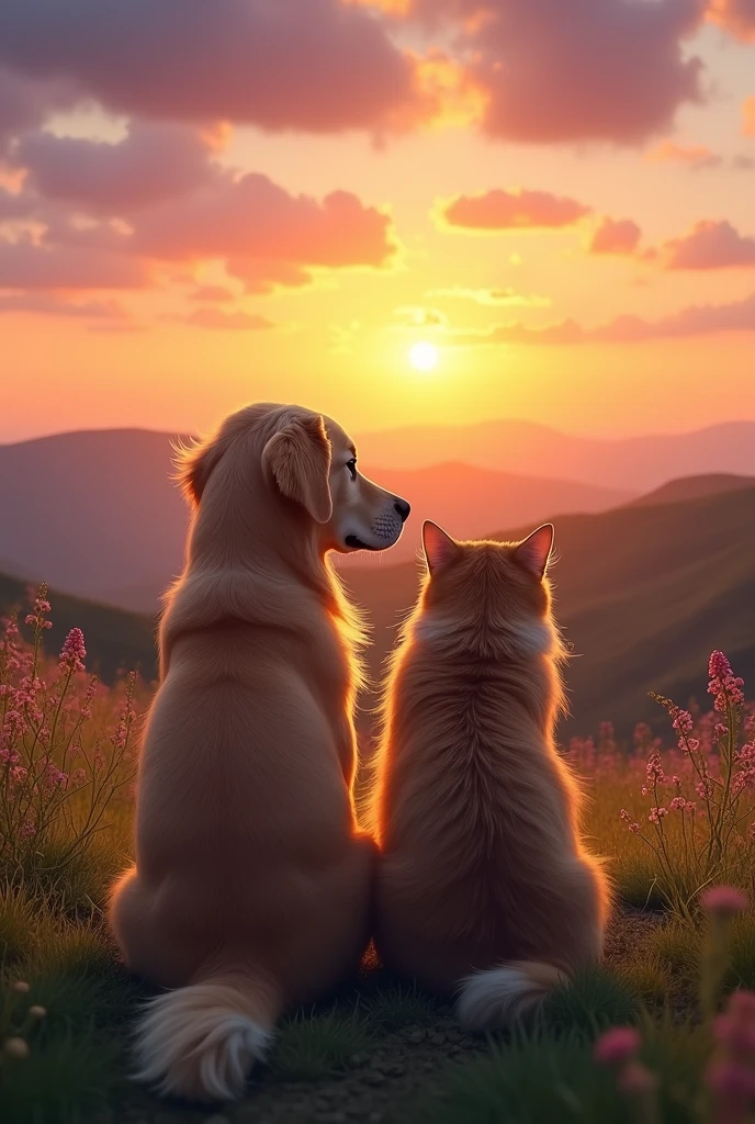 dog and cat sitting next to each other watching the scenery in 1920x1080 size