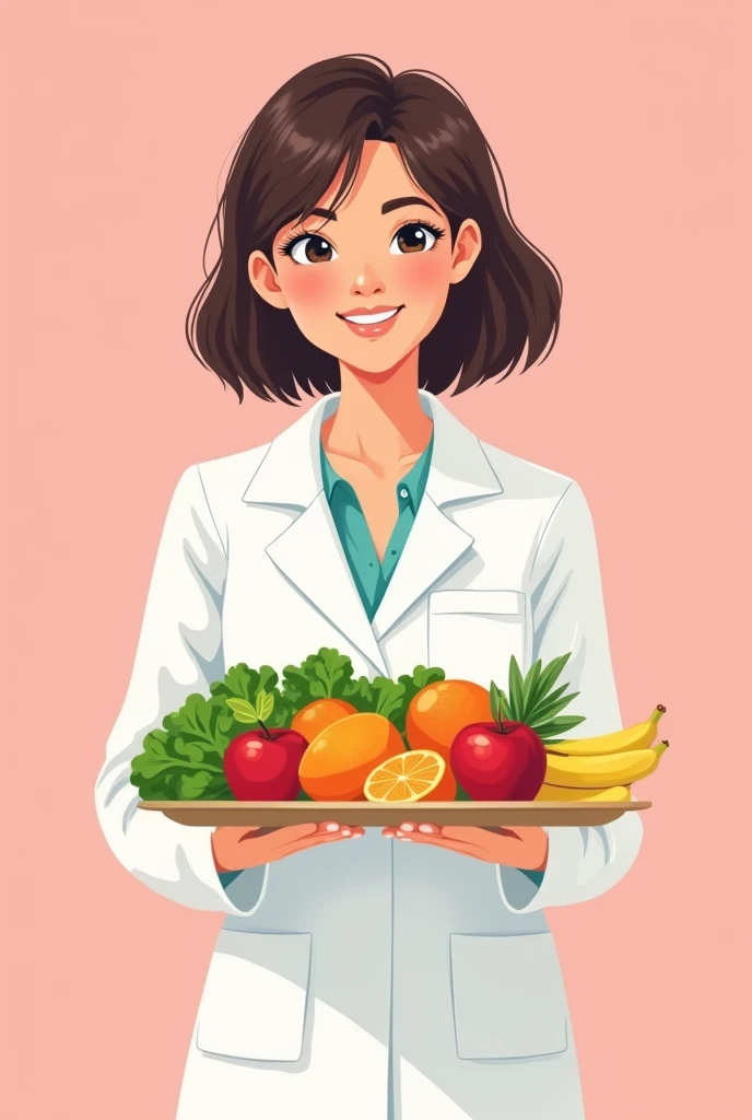 Young female nutritionist with short straight hair and a lab coat holding a tray with fruits and vegetables in a cartoon style with a pastel pink background