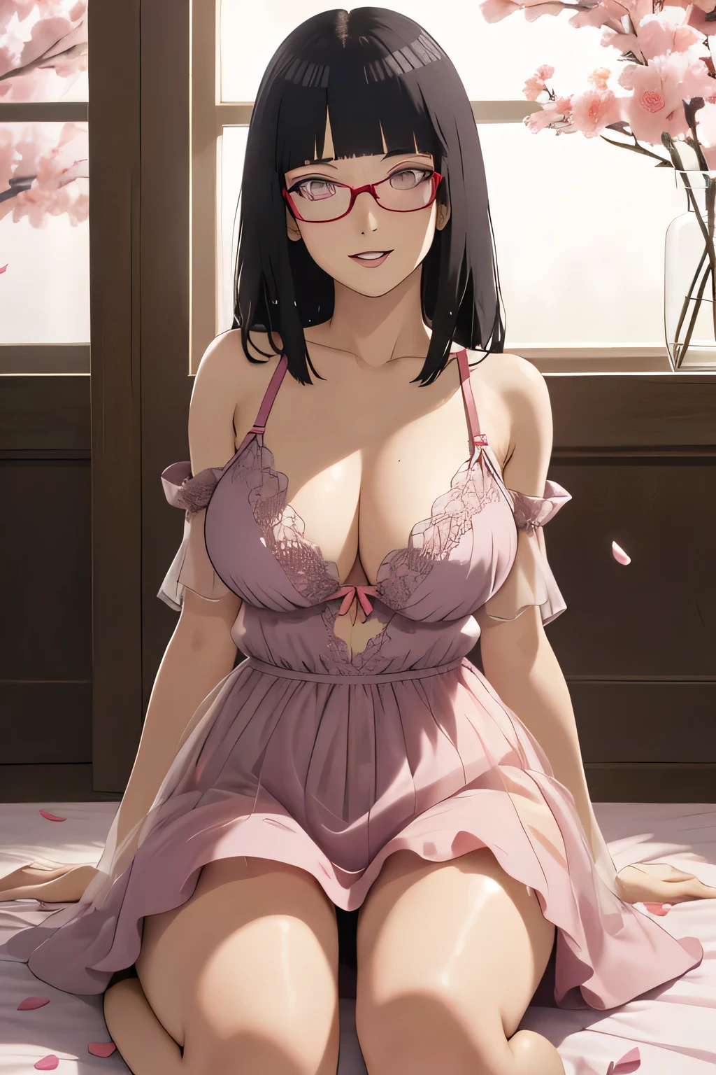 masterpiece, absurdres, hinata\(boruto\), 1girl, solo,mature female, off shoulder floral dress, looking at viewer, (falling petals), perfect composition, detailed lips, big breast, beautiful face, body propotion, blush, (pink lips), long hair,  purple eyes,  soft gaze,  super realistic, detailed, photoshoot, realistic face and body, sexual expression, seductive expression,film m((secretary red glasses SEXY TRAJE))(enormes tetas), escote, buena anatomia Film movie still, sakura 、Se destaca、30 years、piel palida、sonrisas inocentes、(A detailed Face)、(piel detallada)、wet, Los detalles son complejos、Shallow depth oF Field、[volume Fog]、movie lighting、ReFlectors、una Canon EOS R5、lente de 50 mm、F / 2.8、shot at 8k resolution, womb tattoo, spread legs, open legs, kneeling, hand job, spread pussy, slim, naughty smile, naughty face, titsjob, open bra, open skirt, pink nipple, huge breasts, completely nude,Half naked, cute lingerie, transparent lingerie sets,shy, blush,Blushing cheeks,Face flushed, panting