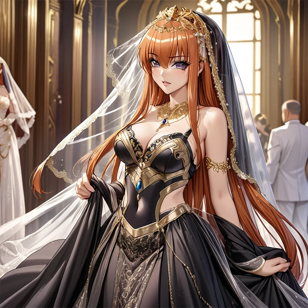 ((Highest quality)), ((masterpiece)), (detailed), (Perfect Face)、The woman is Maya Cordelia, with semi-long orange hair, wearing a luxurious black mermaid-line wedding dress with ornate gold embroidery and trim, and a black wedding veil, also adorned with lavish accessories.、The woman is getting married to the evil demon king's man.