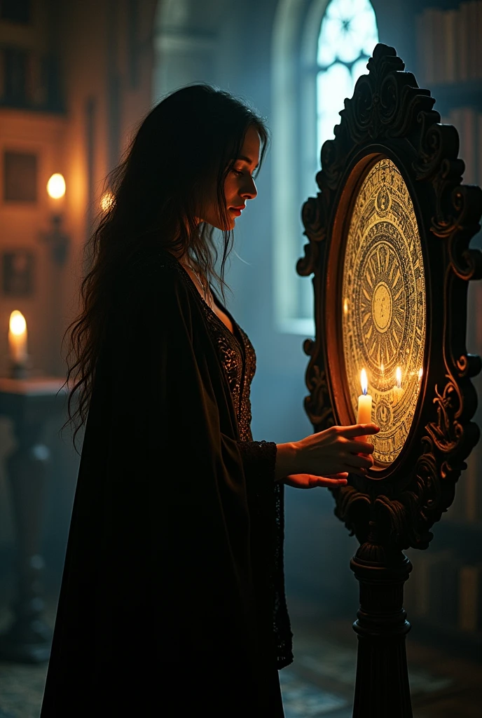 Lilith ignites fear in a feeling of love through the secret mirror dark realistic image with alchemical symbols 