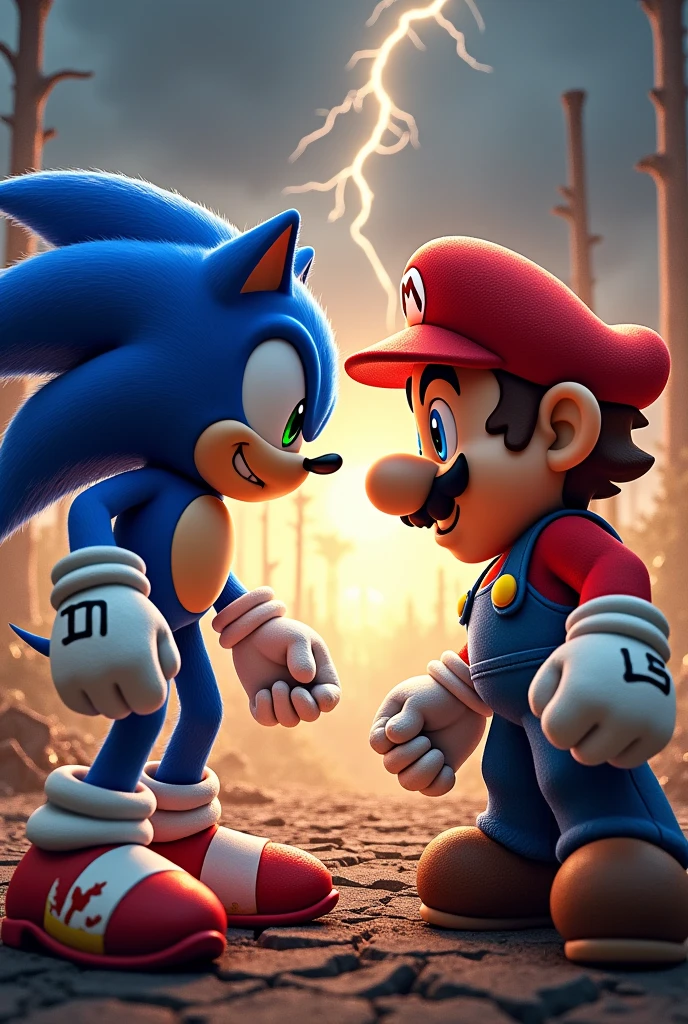 Give me an image of an ultimate fight between Sonic and Mario at their maximum potential, so brutal that the earth trembles and they collide with their fists to the point of cracking the sky. In a more realistic and violent way, and in a bloodier way. More blood.