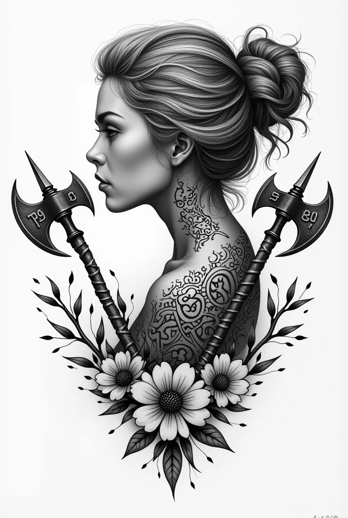 Black and white stippling tattoo of a profile with Viking runes and sharp axes referencing the birth of a baby girl baby baby