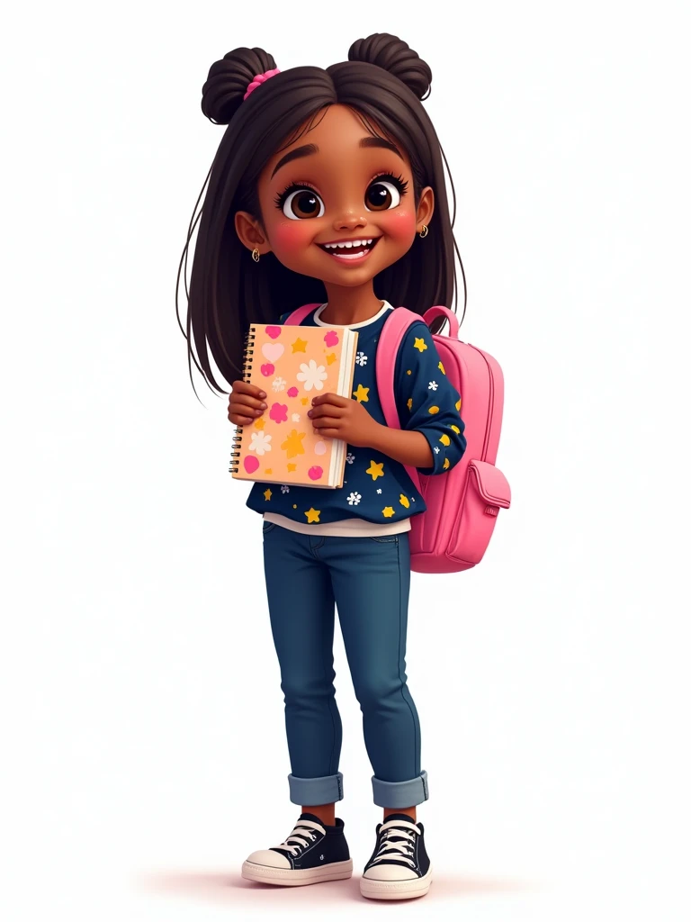 A 6-year-old girl with dark skin, straight hair, wearing a dark blue, yellow and white blouse, dark blue pants and black sneakers. She is holding a notebook, smiling, with a pink backpack on her back, 2D style drawing, on a white background.