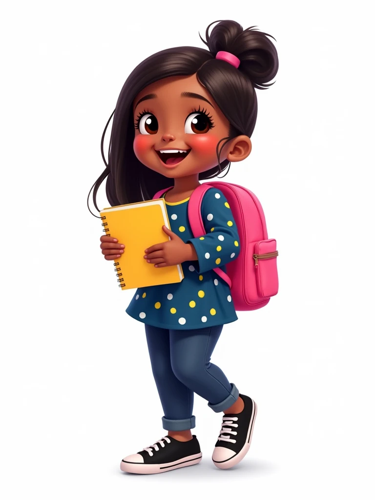 A 6-year-old girl with dark skin, straight hair, wearing a dark blue, yellow and white blouse, dark blue pants and black sneakers. She is holding a notebook, smiling, with a pink backpack on her back, 2D style drawing, on a white background.