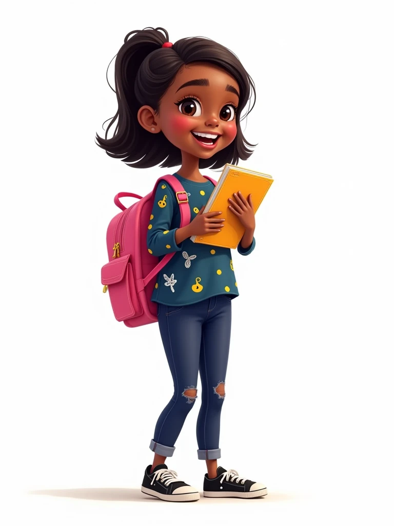 A 6-year-old girl with dark skin, straight hair, wearing a dark blue, yellow and white blouse, dark blue pants and black sneakers. She is holding a notebook, smiling, with a pink backpack on her back, 2D style drawing, on a white background.