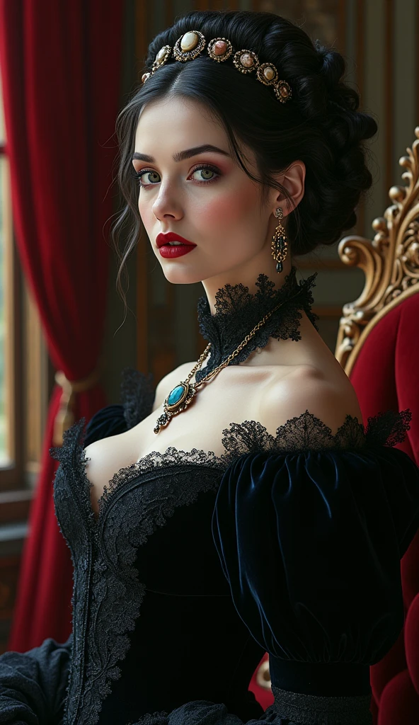 portraiture of a refined, Victorian-era lady vampire, mysterious, dark, 19th century Inspired, intricately adorned, velvet, silk, and lace, oil on canvas, highly detailed, photorealism, Alphonse Mucha's ornate Art Nouveau, Caravaggio's dramatic, high-contrast lighting, Irwin Penn's cinematic, soft, misty atmosphere, lavish, ornate, gothic architecture, heavy drapery, Baroque-inspired furniture, subtle, eerie ambiance, dark, red lips, porcelain skin, elaborate hairstyle, cameos, brooches, and jewelry, mysterious,