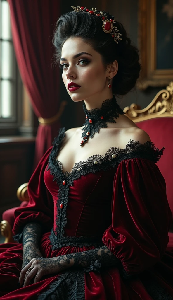 portraiture of a refined, Victorian-era lady vampire, mysterious, dark, 19th century Inspired, intricately adorned, velvet, silk, and lace, oil on canvas, highly detailed, photorealism, Alphonse Mucha's ornate Art Nouveau, Caravaggio's dramatic, high-contrast lighting, Irwin Penn's cinematic, soft, misty atmosphere, lavish, ornate, gothic architecture, heavy drapery, Baroque-inspired furniture, subtle, eerie ambiance, dark, red lips, porcelain skin, elaborate hairstyle, cameos, brooches, and jewelry, mysterious,