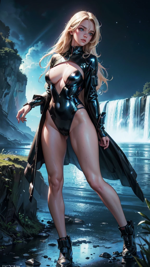 (best quality,4k,8k,highres,masterpiece:1.2),ultra-detailed,(realistic,photorealistic,photo-realistic:1.37),beautiful woman, detailed eyes, detailed face, neon colors, full body, space background, waterfall