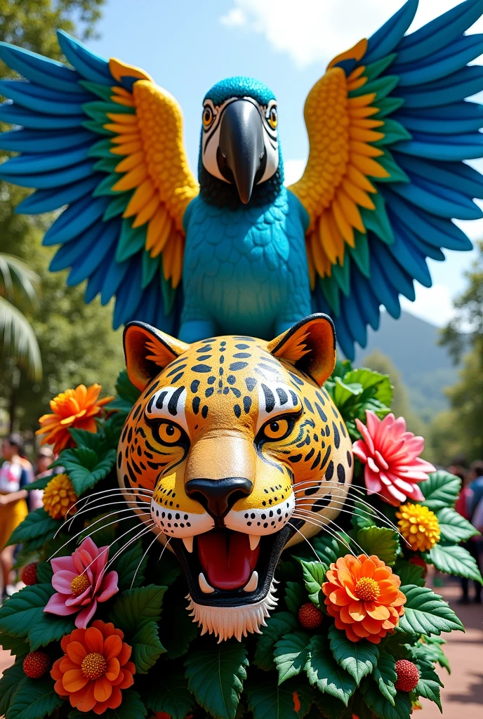 a float with a large blue macaw with open wings and a jaguar head at the front