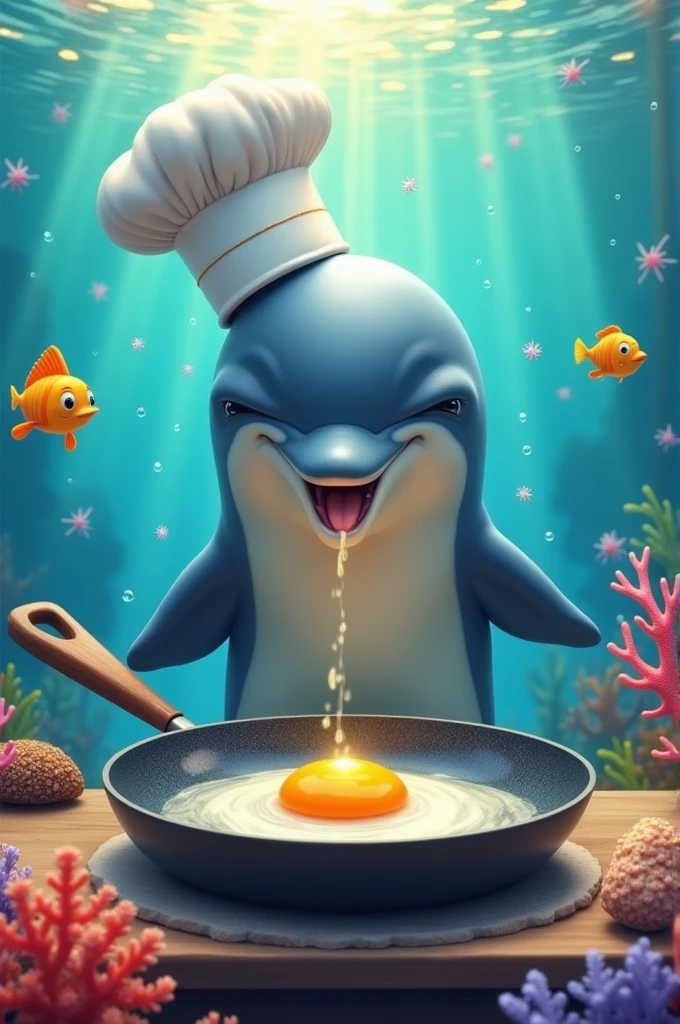 A dolphin wearing a chef&#39;s hat cooking an egg