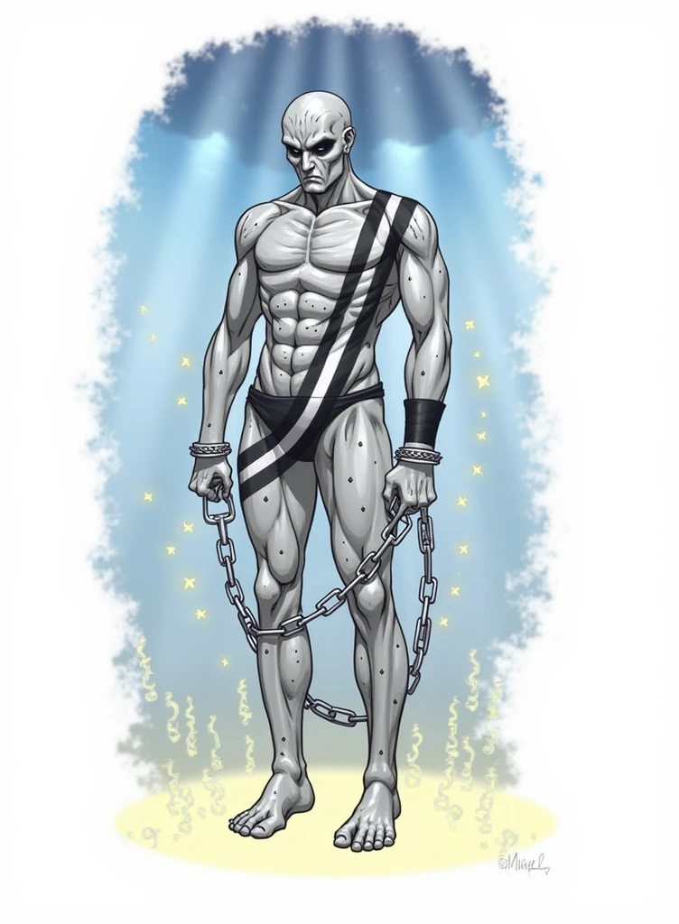 Fishman, his skin is silver white with black spots patterned across his body, He is wearing a worn black and white striped outfit, chains and handcuffs bind his feet, he is standing looking serious. Character design.