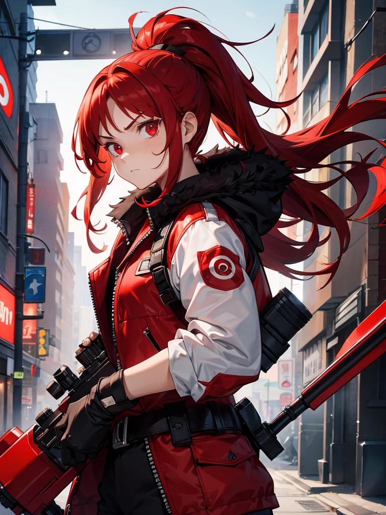 1 person,Redhead,,Red eyes,Carrying a sniper, Target your audience, Angry expression,Wearing a red fur jacket, Medium Hair,ponytail, Are standing,that&#39;it&#39;s snowing, Strong winds, Arctic Circle, Whthate T-shirt, Black long pants