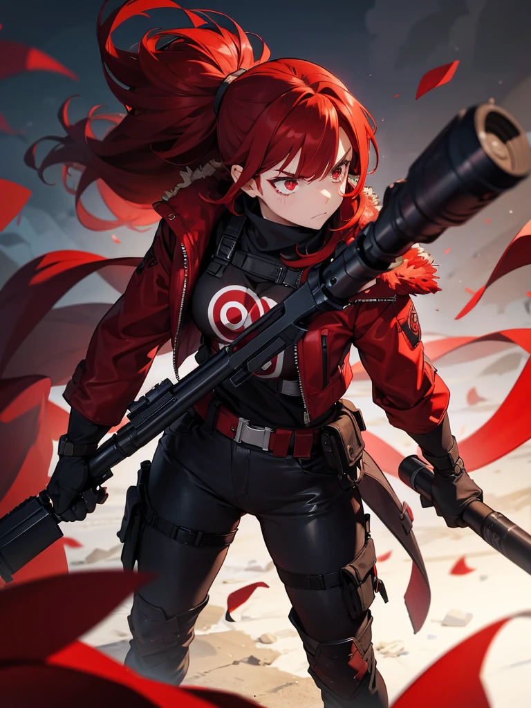 1 person,Redhead,,Red eyes,Carrying a sniper, Target your audience, Angry expression,Wearing a red fur jacket, Medium Hair,ponytail, Are standing,that&#39;it&#39;s snowing, Strong winds, Arctic Circle, Whthate T-shirt, Black long pants