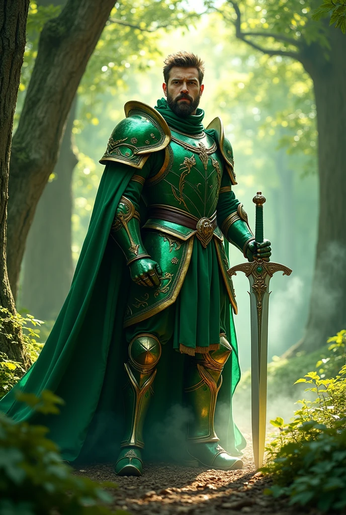 A man wearing green armor using a white iron sword