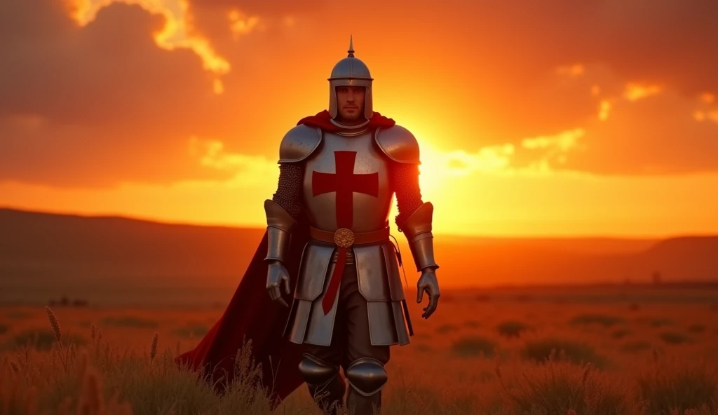 A highly realistic, high-contrast, 8K HD, detailed, hyper-detailed image of the protagonist, dressed as a Crusader knight, walking towards the viewer across a vast grassland illuminated by the warm glow of a fiery sunset. The protagonist is wearing steel armor with a red cross emblem directly painted on the chest plate. The helmet is removed, revealing his determined and strong face. The sky is ablaze with hues of orange and red, casting a dramatic light over the scene. The atmosphere is calm yet powerful, capturing the quiet resolve of the protagonist as he strides forward, his armor reflecting the soft, golden light of the setting sun. The image is of the highest quality, with ultra-high resolution, RAW photo quality, and Unreal Engine rendering, showcasing the protagonist as he moves with purpose across the sunset-lit grassland, with the Crusader cross prominently painted on his armor.