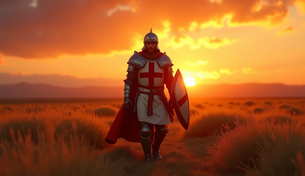 A highly realistic, high-contrast, 8K HD, detailed, hyper-detailed image of the protagonist, dressed as a Crusader knight, walking towards the viewer across a vast grassland illuminated by the warm glow of a fiery sunset. The protagonist is wearing steel armor with a red cross emblem directly painted on the chest plate. The helmet is removed, revealing his determined and strong face. The sky is ablaze with hues of orange and red, casting a dramatic light over the scene. The atmosphere is calm yet powerful, capturing the quiet resolve of the protagonist as he strides forward, his armor reflecting the soft, golden light of the setting sun. The image is of the highest quality, with ultra-high resolution, RAW photo quality, and Unreal Engine rendering, showcasing the protagonist as he moves with purpose across the sunset-lit grassland, with the Crusader cross prominently painted on his armor.