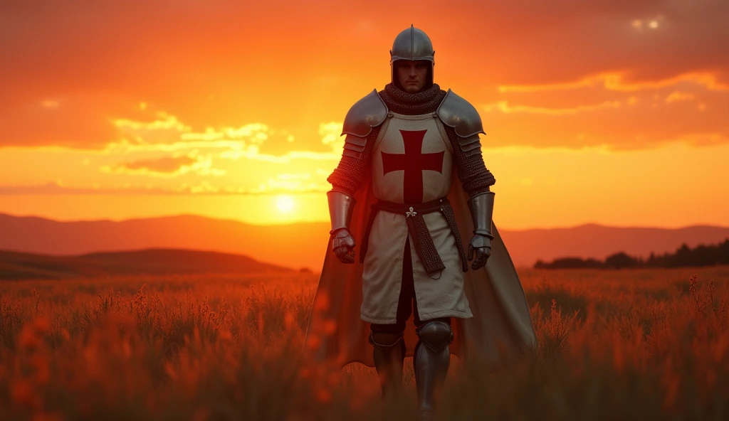 A highly realistic, high-contrast, 8K HD, detailed, hyper-detailed image of the protagonist, dressed as a Crusader knight, walking towards the viewer across a vast grassland illuminated by the warm glow of a fiery sunset. The protagonist is wearing steel armor with a red cross emblem directly painted on the chest plate. The helmet is removed, revealing his determined and strong face. The sky is ablaze with hues of orange and red, casting a dramatic light over the scene. The atmosphere is calm yet powerful, capturing the quiet resolve of the protagonist as he strides forward, his armor reflecting the soft, golden light of the setting sun. The image is of the highest quality, with ultra-high resolution, RAW photo quality, and Unreal Engine rendering, showcasing the protagonist as he moves with purpose across the sunset-lit grassland, with the Crusader cross prominently painted on his armor.

