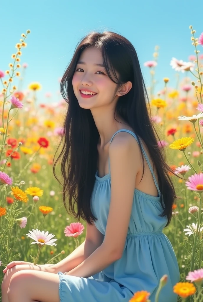A pale skinned korean girl, full body, slender, , black hair, thin red lips, mole under left brow, a blue summer dress, sitting in a flower field,  CLEAR IMAGE 