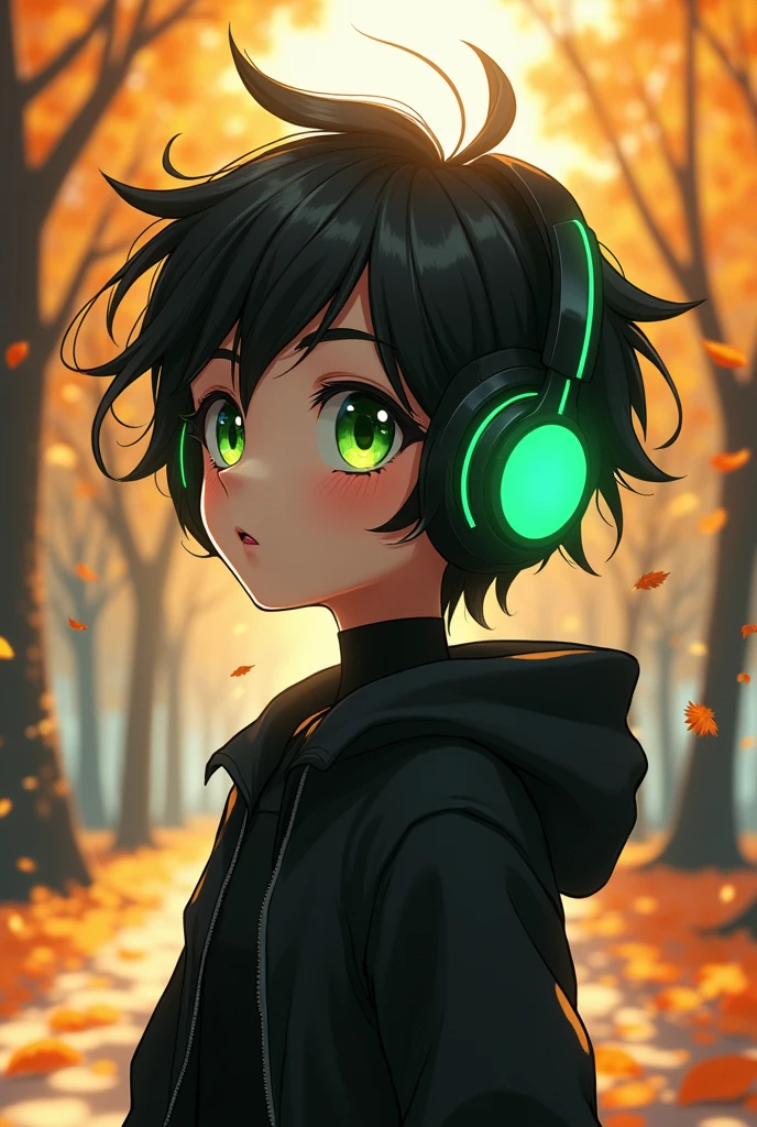 The charming robot boy with green eyes and black hair, listening to music in his headphones, was wearing a dark outfit. His hair was flying in the wind.