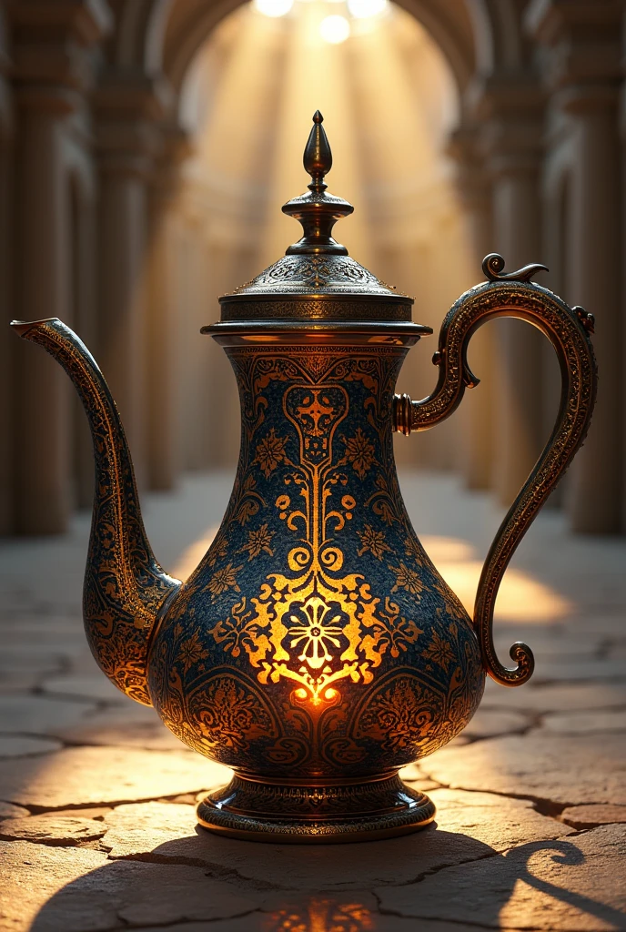 Create a Cezve ( Turkish coffee maker ) that captures the essence of Byzantine art. It is made of mosaics with gold coating.. Its design is a pot that does not contain a lid., as if it were a "inner circle" with a long handle at the top to hold while boiling the coffee together with the water until it forms a kind of foam.  The scenery is serene and religious, like tombs.  The drawing style should be like manual rendering of product design