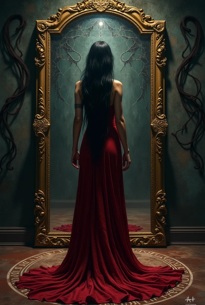 Lilith ignites fear in a feeling of love through the secret mirror dark realistic image with alchemical symbols