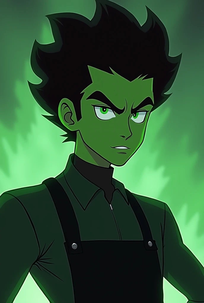 Humanoid ben 10 azmuth face(galvan)
Cold, expressionless Green eyes, beautiful jawline,cold,emotionless face, reptile but smart,cool skin,smart but grumpy aura in face,a wise sensation,black curly and smart hair,,,super cool appearance,scientist look(wearing cool black apron), beard less