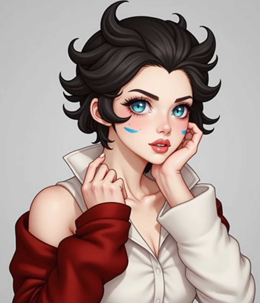 ((detailded)) ((Neutral art))A woman with short black hair, light blue eyes, with bright blue drawings on her face, glare eyes