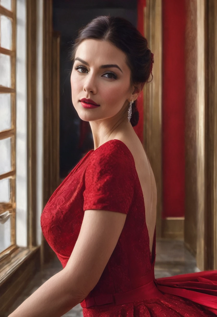 a woman in a Red dress posing for a picture, a photorealistic painting of Lisa Nankivil, Trends in CG society, photorealism, amaranth, Red dress, better known as amaranth, wearing Red dress, in a Red dress, sexy Red dress, wearing a Red dress, elegant Red dress, young beautiful amaranth