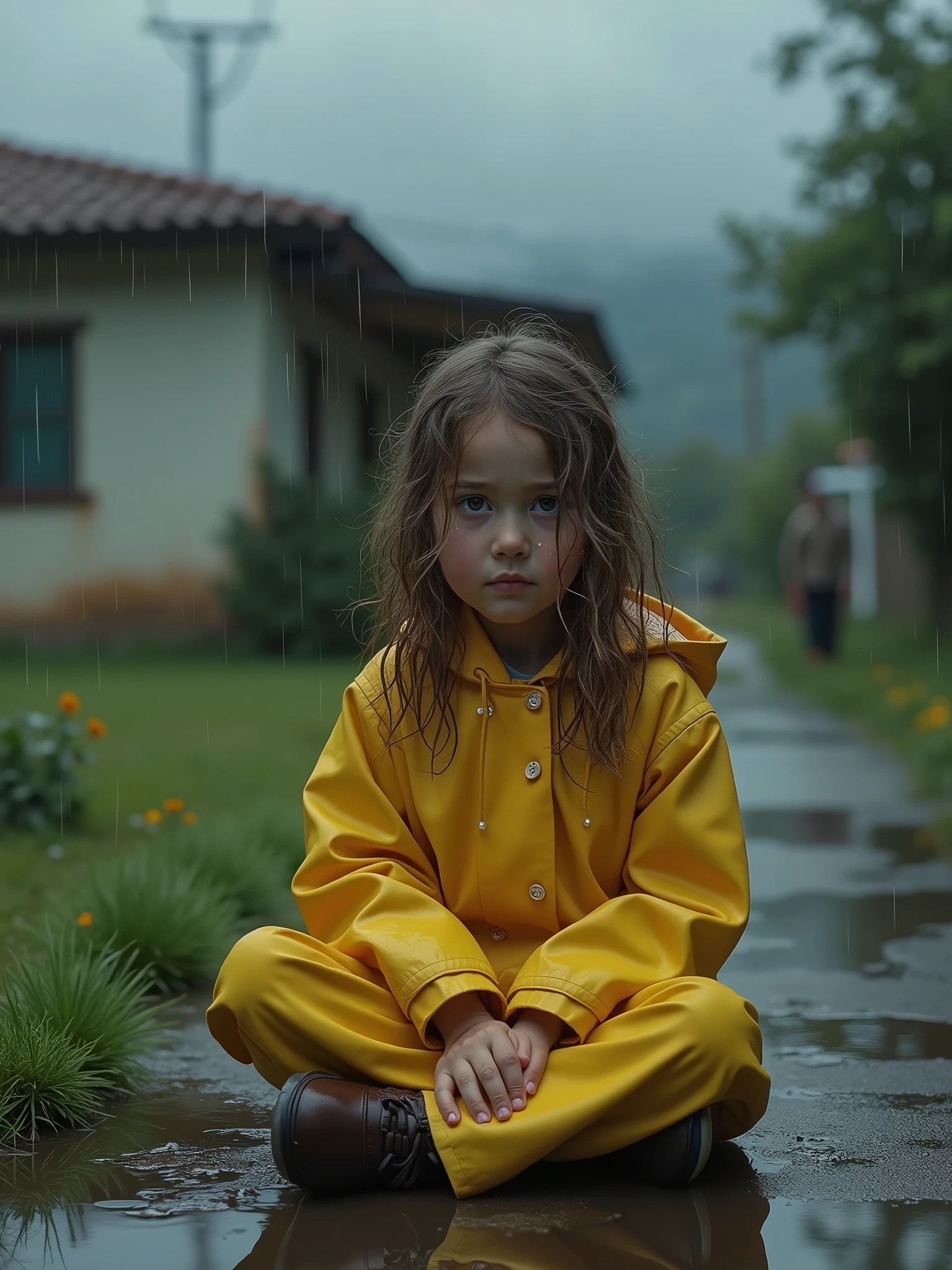Girl crying on the sidewalk outside her house in the rain
