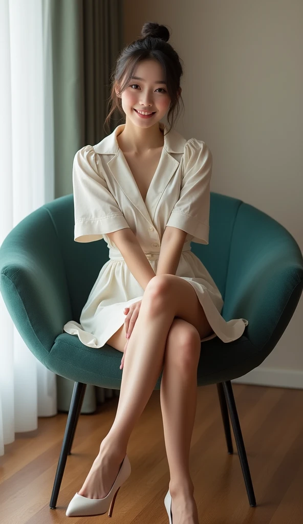 Actual photo、Highest im年 quality、Beautiful woman、Beautiful thighs、Beautiful Face、Uniform Ponytail、Yuriko Yoshitaka、Japanese women、pretty girl、skirt、Beautiful thighs、pumps、Sit on a chair、(front:1.6)、(Open your knees:1.4)、Panty shot、