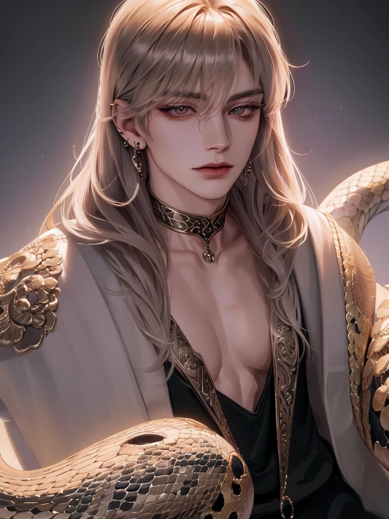 (cleavage), (masterpiece:1.1), (best_quality:1.1), Night scene、high image quality、modern road, 8k, ultra-detailed, enlarged textures, portrait full body, solo, y (Beautiful man:1) , (long hair) , (Dark hair) , (male:1.4) , light pink eyes , voluminous hair, ((Skinny build)) , effeminate , full long eyelashes, hair in a ponytail, Bishounen, griffith, possess delicate and androgynous features, thick eyeliner, close mouth, full studs earrings, chocker, necklace, androgynous, femboy, non binary model, snake around the neck