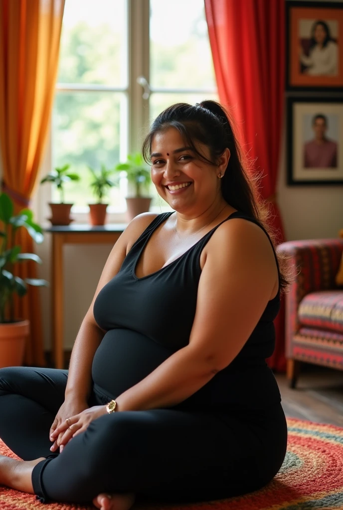 Chubby Latina Mom from Dominican Republic, brunette, sitting on the floor, wearing a sleeveless black blouse and black pants, with her hair tied back in a ponytail