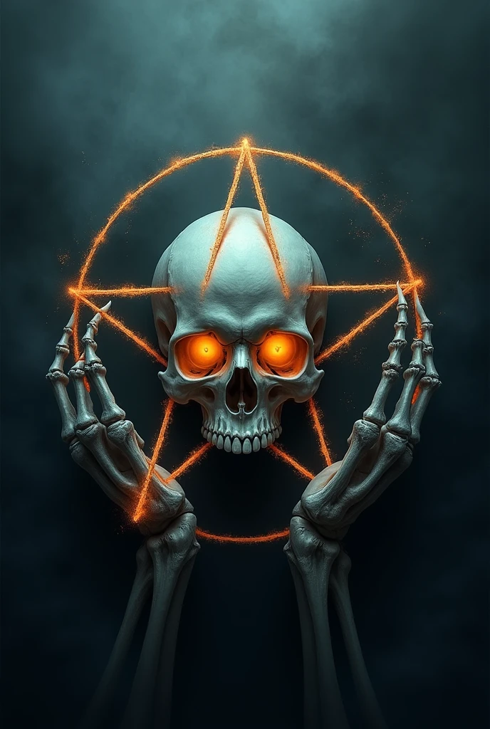 Skull with hands forming a pentagram with lines .