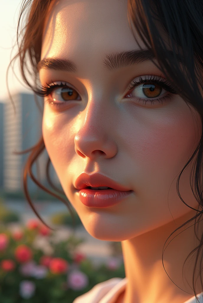 A luxurious condominium with modern houses, flowers in the corner, outdoor gym, beautiful detailed eyes, beautiful detailed lips, extremely detailed eyes and face, long eyelashes, 1girl, portrait, realistic, photorealistic, photo-realistic:1.37, best quality, 8k, highres, masterpiece:1.2, ultra-detailed, HDR, studio lighting, ultra-fine painting, sharp focus, physically-based rendering, extreme detail description, professional, vivid colors, bokeh, landscape, cinematic lighting, warm colors, natural light