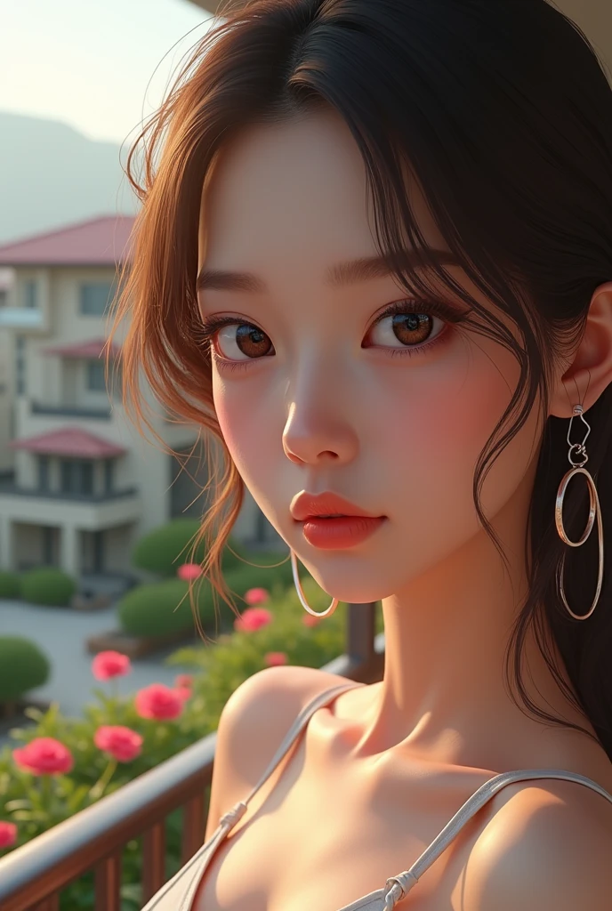 A luxurious condominium with modern houses, flowers in the corner, outdoor gym, beautiful detailed eyes, beautiful detailed lips, extremely detailed eyes and face, long eyelashes, 1girl, portrait, realistic, photorealistic, photo-realistic:1.37, best quality, 8k, highres, masterpiece:1.2, ultra-detailed, HDR, studio lighting, ultra-fine painting, sharp focus, physically-based rendering, extreme detail description, professional, vivid colors, bokeh, landscape, cinematic lighting, warm colors, natural light