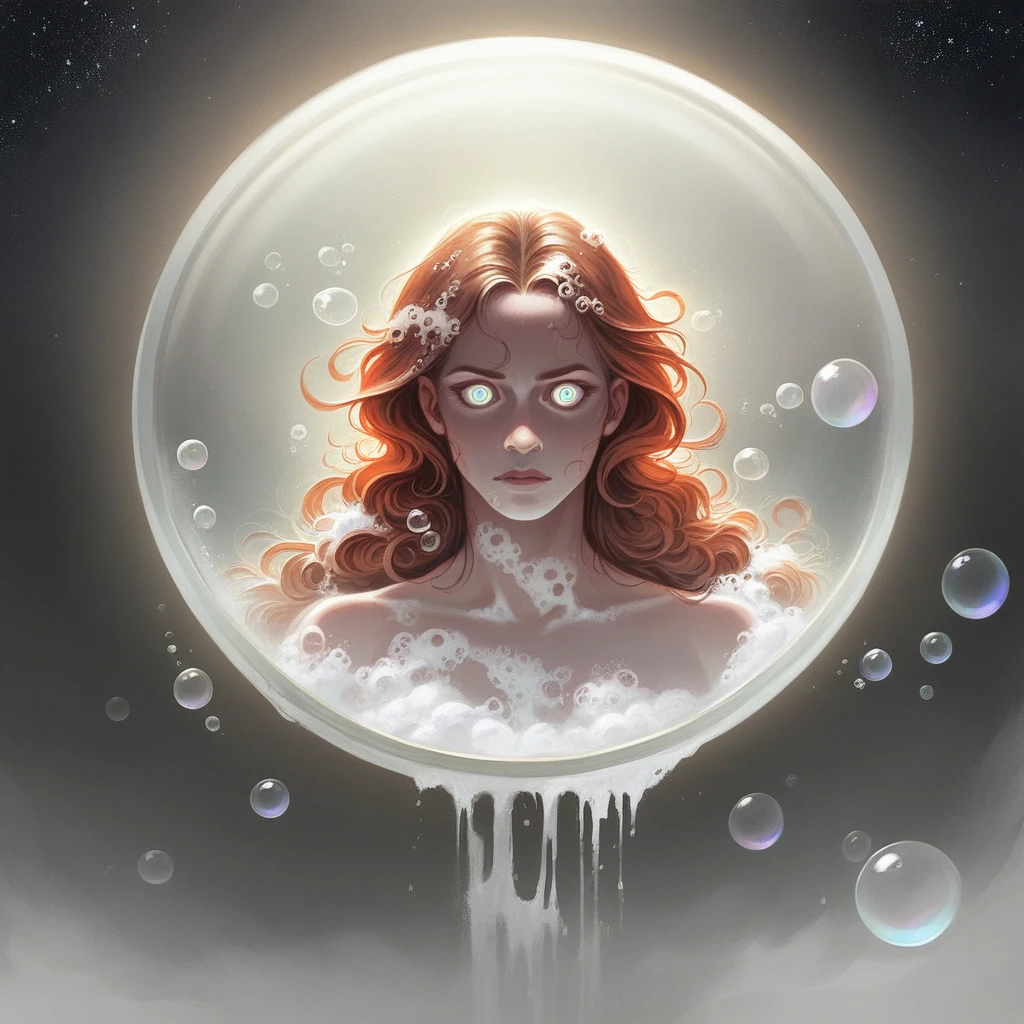 a naked beauty with skin made of mirrored material and steel silver color like a mirror, floating entirely with her head and feet inside a soap bubble, fantasy, medieval mysticism, against the background of space, the galaxy is reflected on the girl, a soap bubble both in front of the girl and behind her, space, bubble and galktica shimmer with a rainbow in the zone black hole gravity effects, detailed, 8k, photorealistic, cinematic lighting, over-detailed, volumetric lighting, dramatic contrast, glass-like skin, intricate details, surreal, fabulous, airy, iridescent, refraction, reflection, mesmerizing, hypnotizing, cinematic composition, gloomy atmosphere, spectacular lighting, bright colors, digital art, 3D rendering, concept art