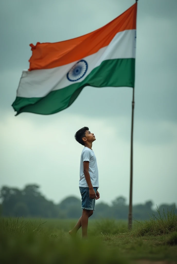 A 16 boy standing under India's flag seeing it in a cloudy weather