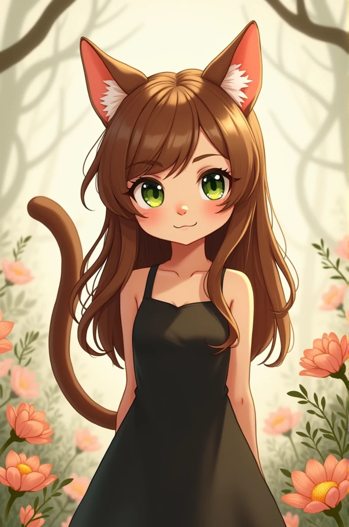 2d art like hand-drawn. Cat-girl with a light tan, with ears, beautiful, long brown hair, green cat eyes, very fluffy eyelashes, black dress 