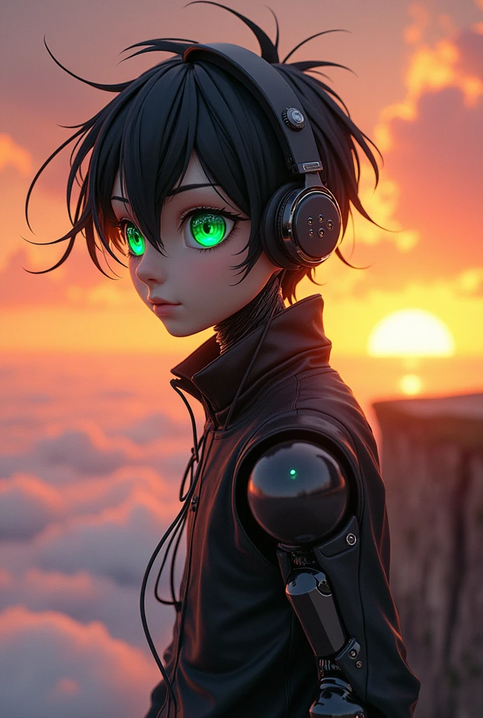 The charming robot boy with green eyes and dark hair, wearing black clothes, was listening to music through earphones, his hair flying in the wind.