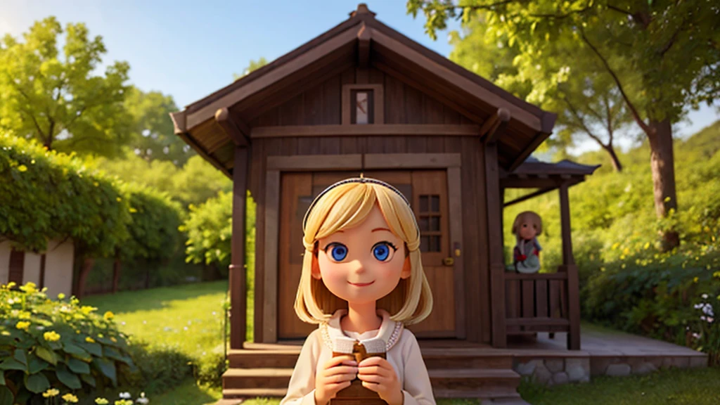 A blonde girl in front of a wooden house. nature, magical, landscape. details in hands, large eyes, warm smile