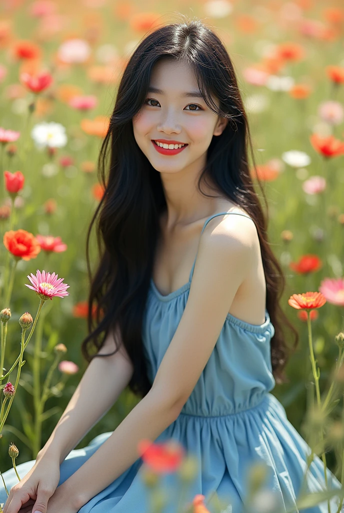 A pale skinned korean girl, full body, slender, , black hair, thin red lips, mole under left brow, a blue summer dress, sitting in a flower field, CLEAR IMAGE