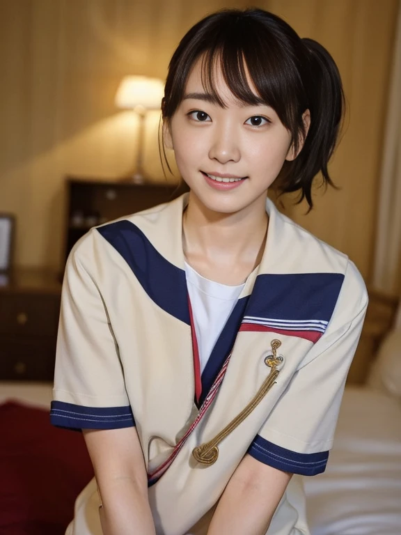 (Masterpiece, Best quality:1.4), (Ultra realistic, Photo-realistic:1.2), Natural light, 25 years old actress, Japanese women, Neat and clean, (school uniform, sailor suit, short sleeve suit:1.2), (Ponytail:1.2), Short wavy hair, Light brown hair color, (Beautiful Faces), Oval face, clear, (Beautiful eyes, Kind eyes), (Clear skin), Small face, (Small mouth), (Beautiful mouth), Natural makeup, Approachable, Luxury hotel Suite room, On bed, Seductive smile, (Seductive pose:1.2), (Beautiful thighs:1.1), (Bedroom eyes), (nsfw:1.1), (lesbian couple:1.1), (petting together:1.2), obscene reality of girls, (crotch rub:1.1),